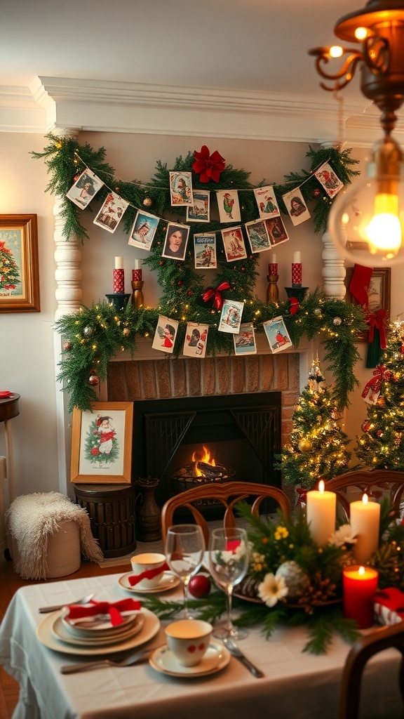 Vintage Christmas Card Decor Ideas A festive living room decorated with vintage Christmas cards as garlands, framed art, and table settings.